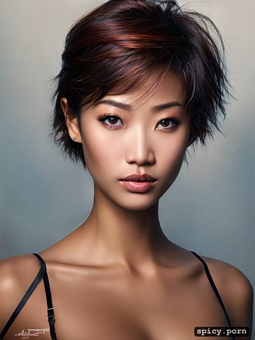 asian female, stunning face, short hair, xl boobs, 18 year old