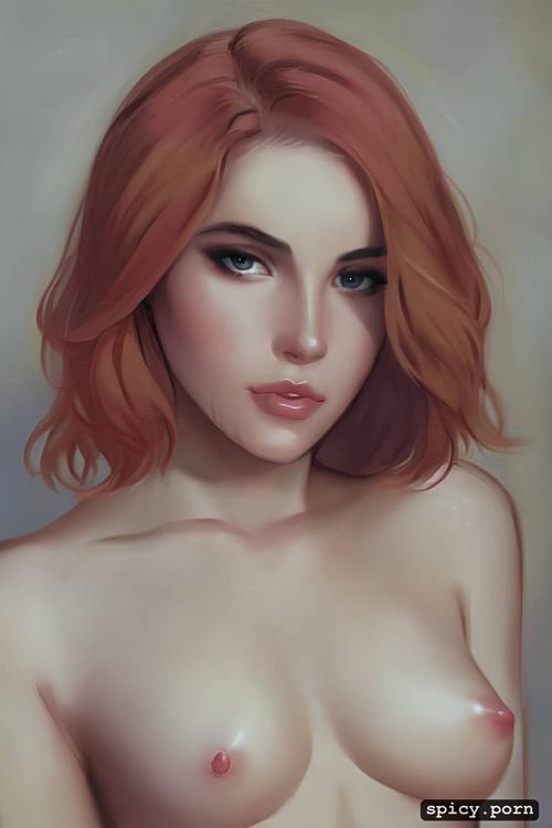 full body portrait, small nipples, teen, medium boobs, strawberry blonde hair