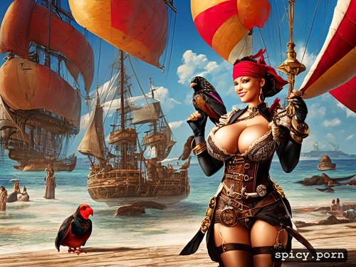 hard nipples, open pirate coat exposing breasts multicolored parrot
