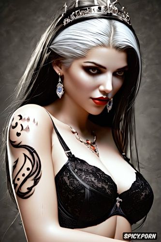 ultra realistic, kate lockwell starcraft unn reporter pale skin long soft black hair beautiful face young milf head shot full lips tight low cut black and white lace lingerie tiara