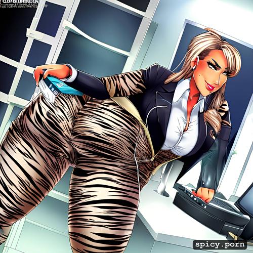 furry, tiger woman, business suit, k cup breasts, busty, office