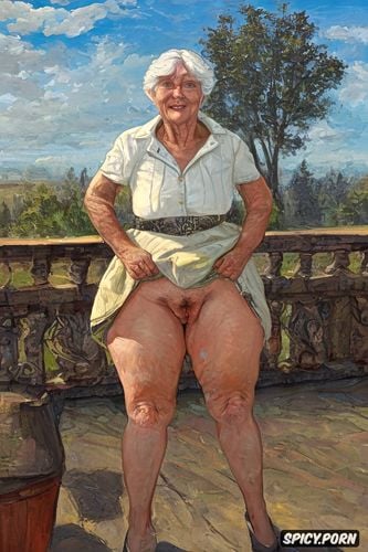 upskirt shows big labia on cunt, the very old fat grandmother skirt has nude pussy under her skirt