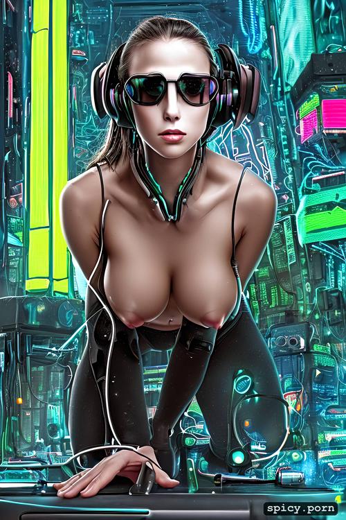 no body fat, seductive, fully nude, beautiful woman kneeling in a cyberpunk display stand1 9