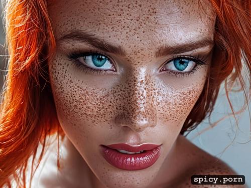 red hair pussy, highres, closeup, 4k, freckles, wet body, realistic photo