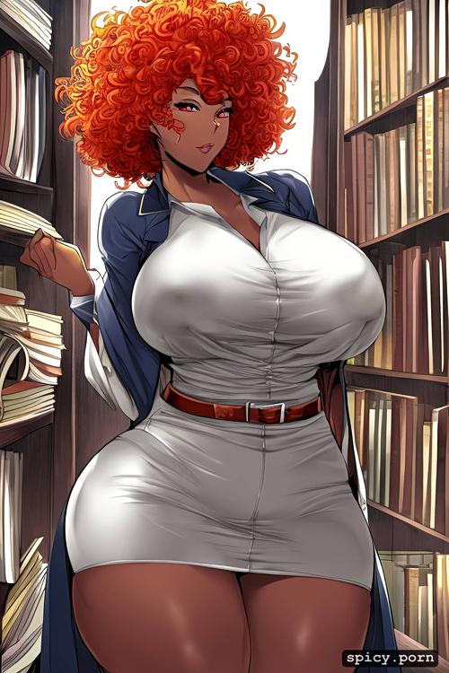 library, curvy body, ginger hair, pretty face, see through clothes