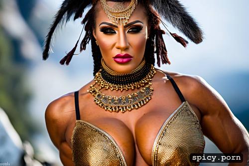 primal, busty, wide hips, stunning face, muscular, stone age