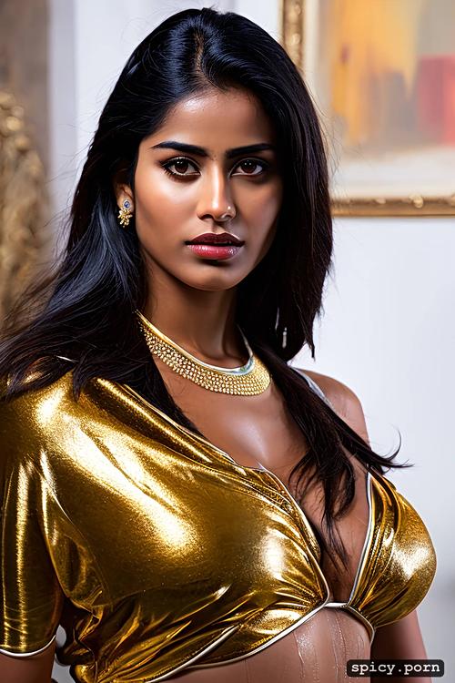 half saree, black hair, big curvy hip, gorgeous face, indian lady