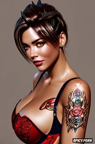 high resolution, ultra detailed, ultra realistic, tracer overwatch beautiful face young slutty low cut red lace lingerie tiara tattoos masterpiece