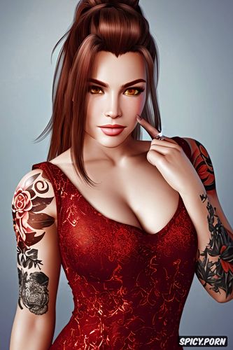 brigitte overwatch beautiful face young full body shot, tattoos small perky tits elegant low cut tight dark red dress masterpiece