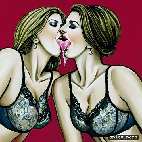 open mouth, lesbian kissing, cum swapping, brunettes, identical twins