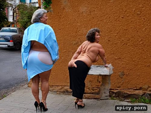 ultra realistic, two old woman, low angle camera, in busy street