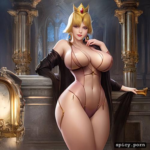 big thick thighs, hourglass figure, wide hips, busty, inside peach s castle