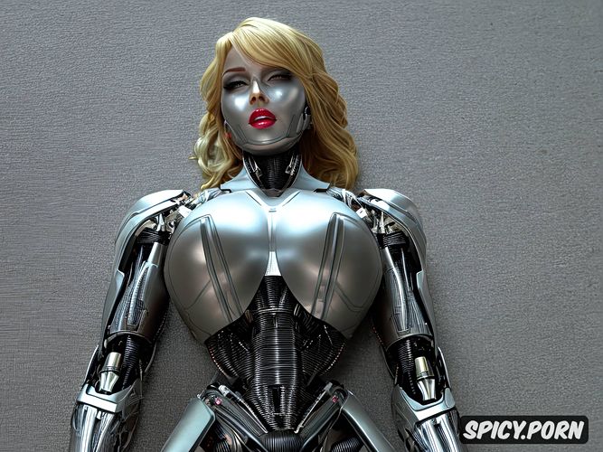 sexy blonde robot with fully metallic body and huge tits, full body view