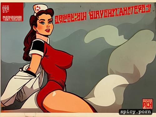 ussr army uniform, small cute boobs, 1940s cartoon style, pinup propaganda poster art of a seductive soviet nurse
