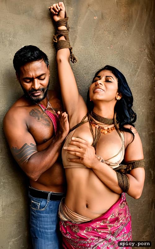 tied up hands above the head clean visible armpits in sleeveless ticking armpits and belly hot indian woman in sleeveless tickled by a man from behind in armpits