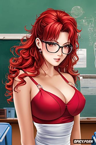 nurse, classroom, curly hair, japanese milf, perky tits, medium shot
