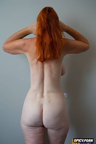 ginger, short hair, nude, three quarter body shot, redhead, rear profile view of back