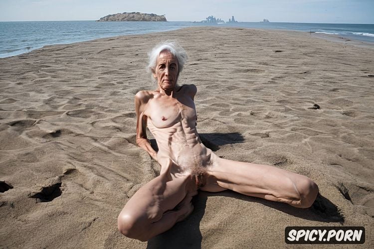 pale wrinkled skin, completely naked demented elderly woman