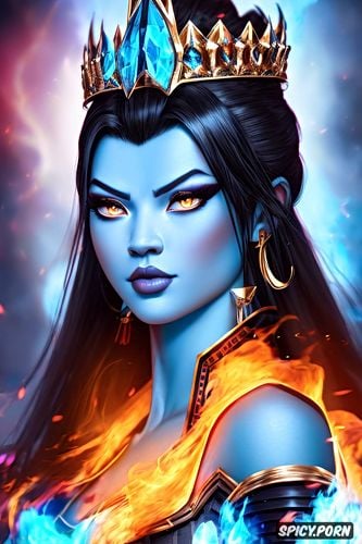 golden eyes, artstation, asian skin, flame crown, surrounded by blue fire