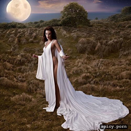 phoebe halliwell, tanned body, bonfire, moonlight, field, sheer white robe