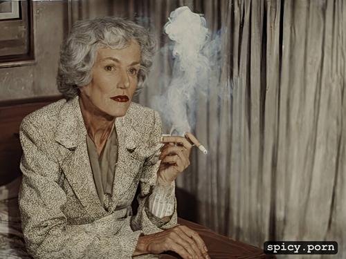 pixie hair, antique kodachrome color porn granny lies back and smokes a cigarette
