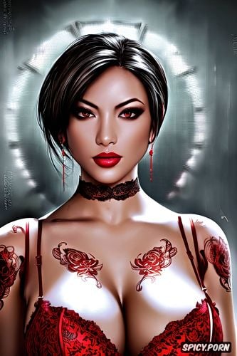 high resolution, ultra detailed, ada wong resident evil beautiful face young sexy low cut red lace lingerie