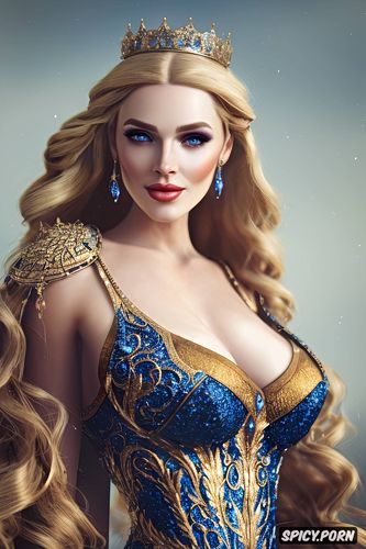 flowing royal gown, medium round perky natural breasts, long golden blonde hair in twin braids