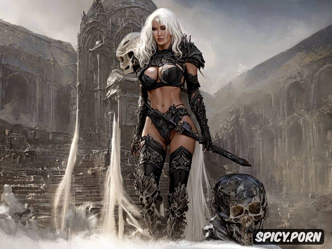 full body view, pussy, necromancer, nude bone armor, luis royo art white hair