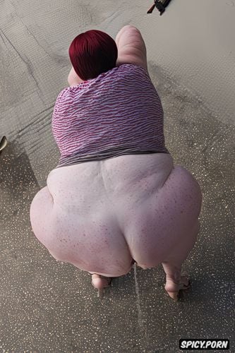 rear view, pastel colors, hyper detailed, hyperrealistic pregnant pissing muscular thighs red bobcut haircut tanned