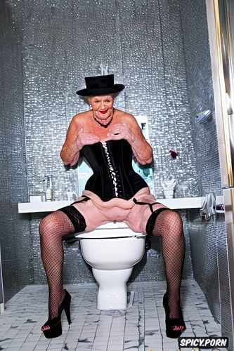 sophisticated, classy, elegant granny ninety nine of age stripping in bathroom she is wearing a corset