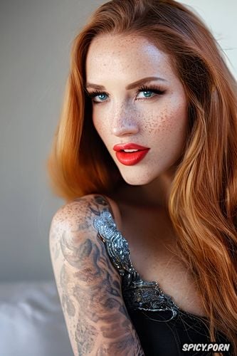 white skin, ultra realistic, ginger woman, high details, eye shadow