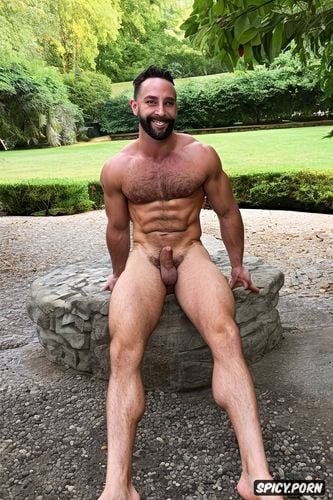 full body shot, disconnected undercut, hairy, abs, wide shot