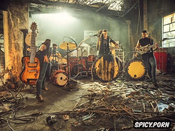 4 man rock band all wearing dark luchador wrestling masks electric guitars and a ludwig drum set stage is an old broken down wrestling ring in the ruins of an old car repair shop in gotham city