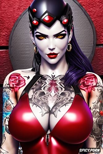 widowmaker overwatch beautiful face young full body shot, tattoos small perky tits tight body fitting dark red wetsuit masterpiece