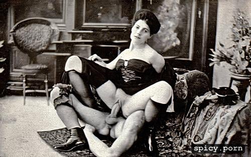legs spread, victorian living room in background, public sex