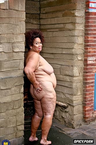 hangging loose obese saggy belly, long street, naked and topless ssbbw arab obese old granny gilf