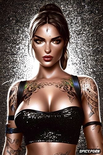 tattoos masterpiece, k shot on canon dslr, ultra detailed, lara croft tomb raider beautiful face young sexy low cut black sequin dress