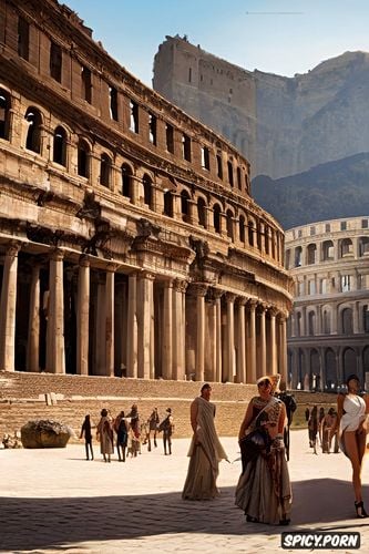 pale skin, big natural breasts, historical roman buildings in the background