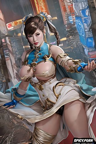 showing upskirt, long dress, chubby belly, chun li streetfighter