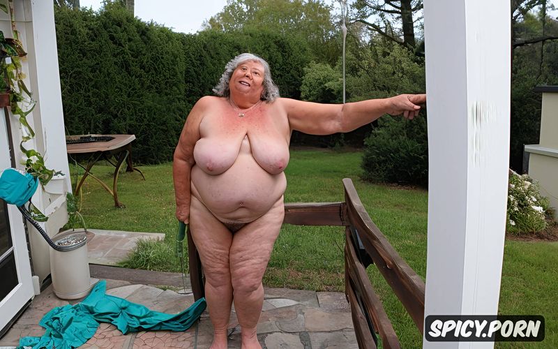 spreading her wrinkled legs, ssbbw old granny naked, short brown white curly hair