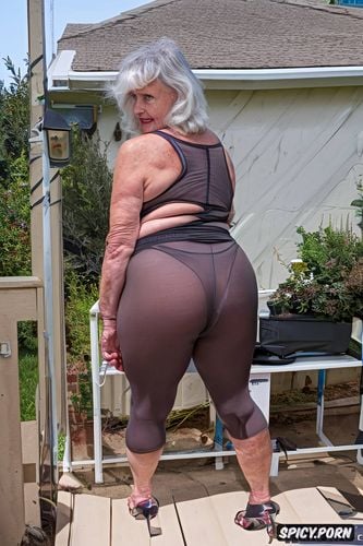 wearing spandex, petite, big saggy tits, background patio, old irish granny