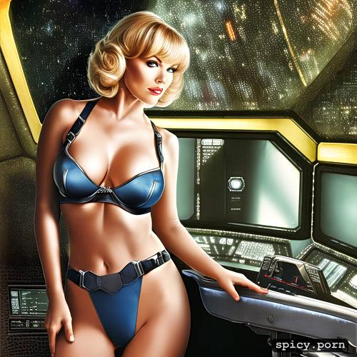 realistic, wearing sci fi uniform, 8k, anne francis on the bridge of the starship enterprise