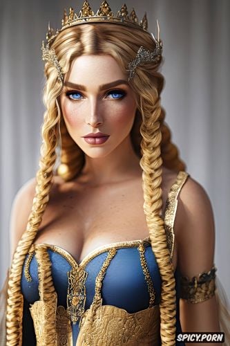 blue eyes, diadem, flowing low cut brown dress with animal pelts