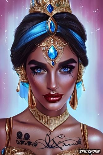 k shot on canon dslr, ultra realistic, princess jasmine aladdin beautiful face young tattoos masterpiece