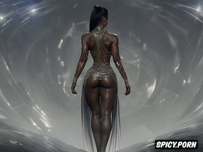 long legs, standing, black woman, thighs exposed, muscular, shimmering platform pumps