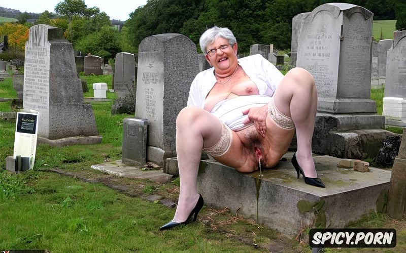 high heels, very hairy hairy pussy, ultra detailed pissing 90 year old granny on the grave