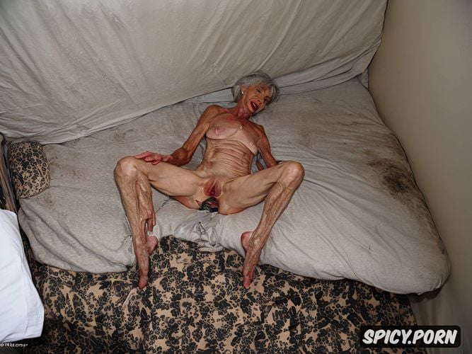 super old granny, spreading hairy pussy, pale, point of view