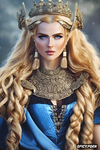 blue eyes, diadem, flowing low cut brown dress with animal pelts