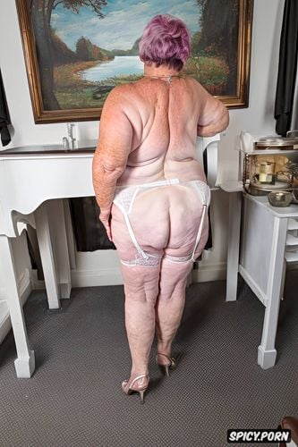 naked, gorgeous face, centered, enormous ass, garter belt, white granny