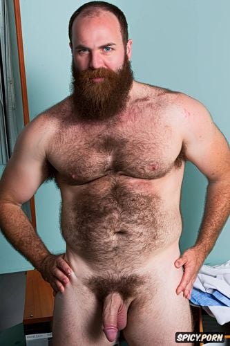 solo chubby older hairy gay man with a big dick showing full body and perfect face big beard showing hairy armpits indoors beefy body dark brown hair thug